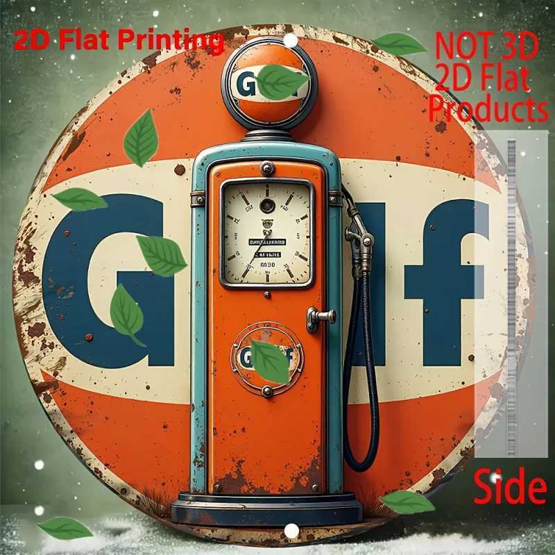 Vintage Durable Waterproof 8x8 Inch Round Aluminum Wall Art - 2D Flat Gas Pump Metal Sign with Classic Car Design D260314