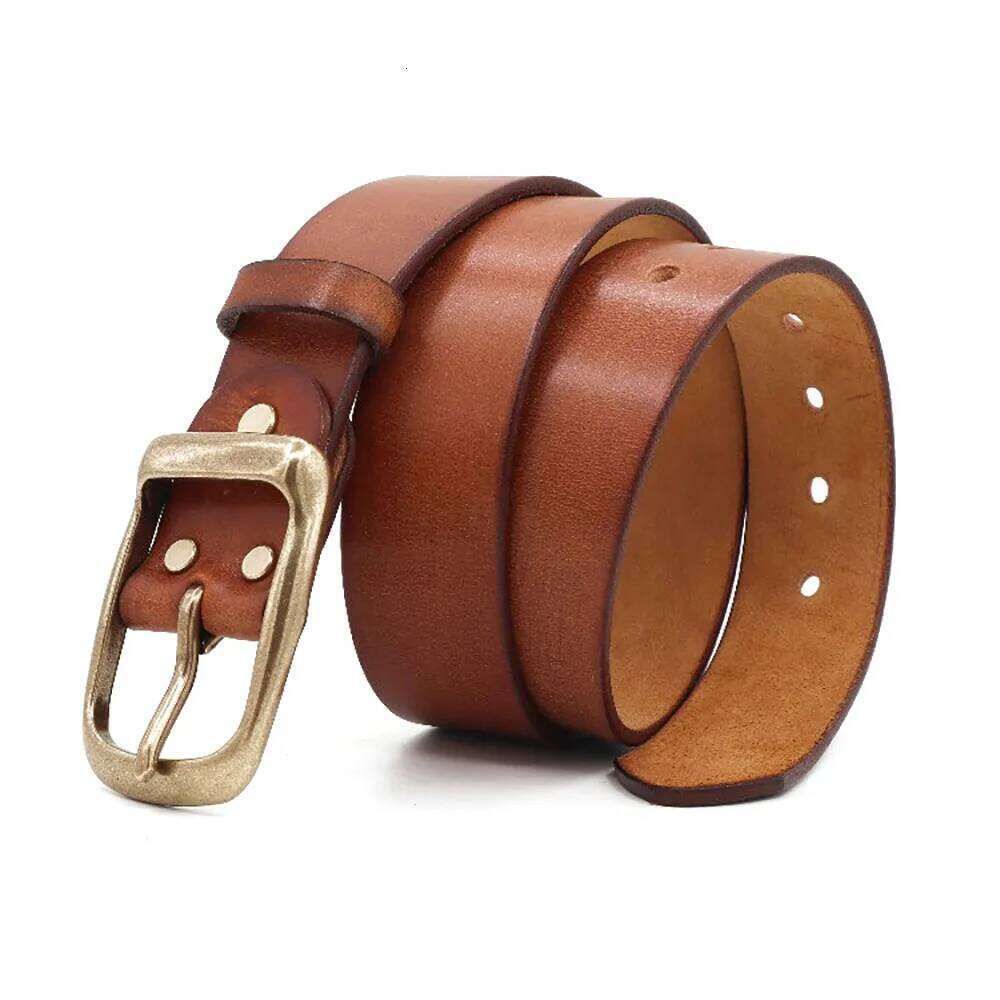 Fashion Vintage Hard-Hitting Men's Belt with Brass Buckle in American Style, 3.8cm Wide, Made of Top-Grain Leather Z260226