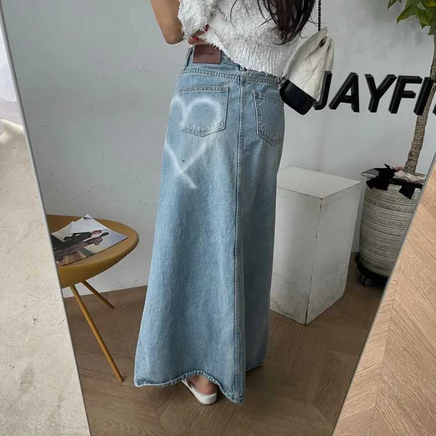 Long Denim Skirt Women 2024 Summer New Arrivals Heart Pattern High Waist A Line Jean Skirt For Women Streetwear Maxi Skirts M260314