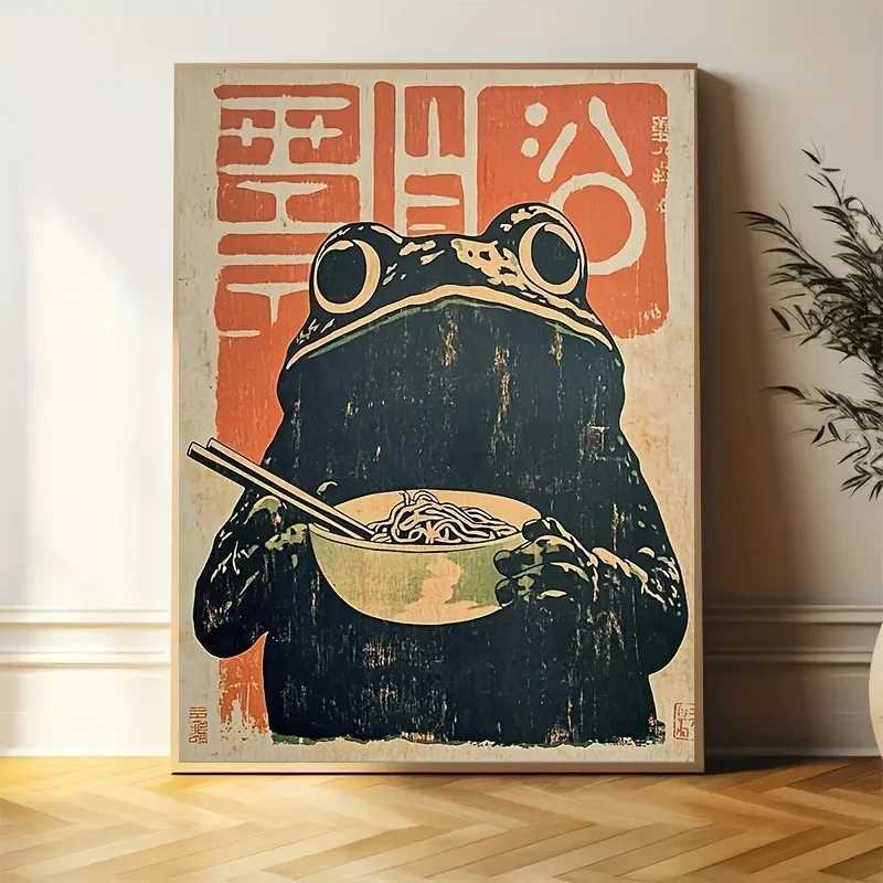 1pc Frameless Canvas Art Print Art Deco Retro Japanese Style Printed on Canvas with Frog Eating Ramen Wall Decoration D260314