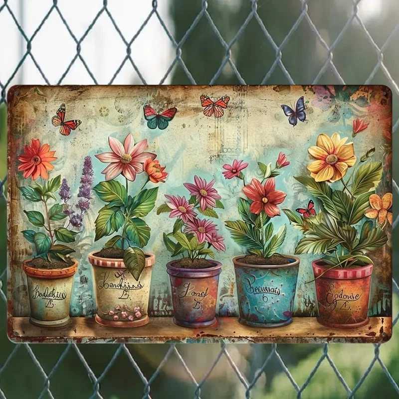 Charming Vintage Garden Metal Sign - Rustic Potted Plants Colorful Flowers Design Durable Iron Wall Art for Home Office Decor D260314