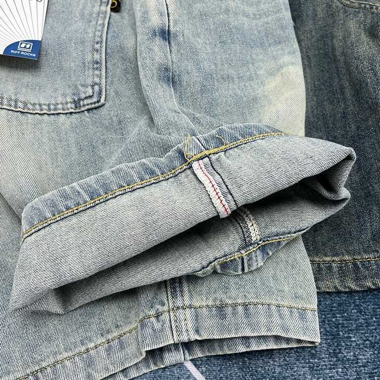 Summer American high-end men's denim shorts, Japanese retro thin casual distressed loose straight-leg five-pockets men's shorts X250403