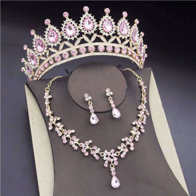 Luxury Crystal Bridal Jewelry Sets for Women Pink Tiaras Necklaces Earrings Bride Wedding Dress Birthday Crown Set Accessory Z260313
