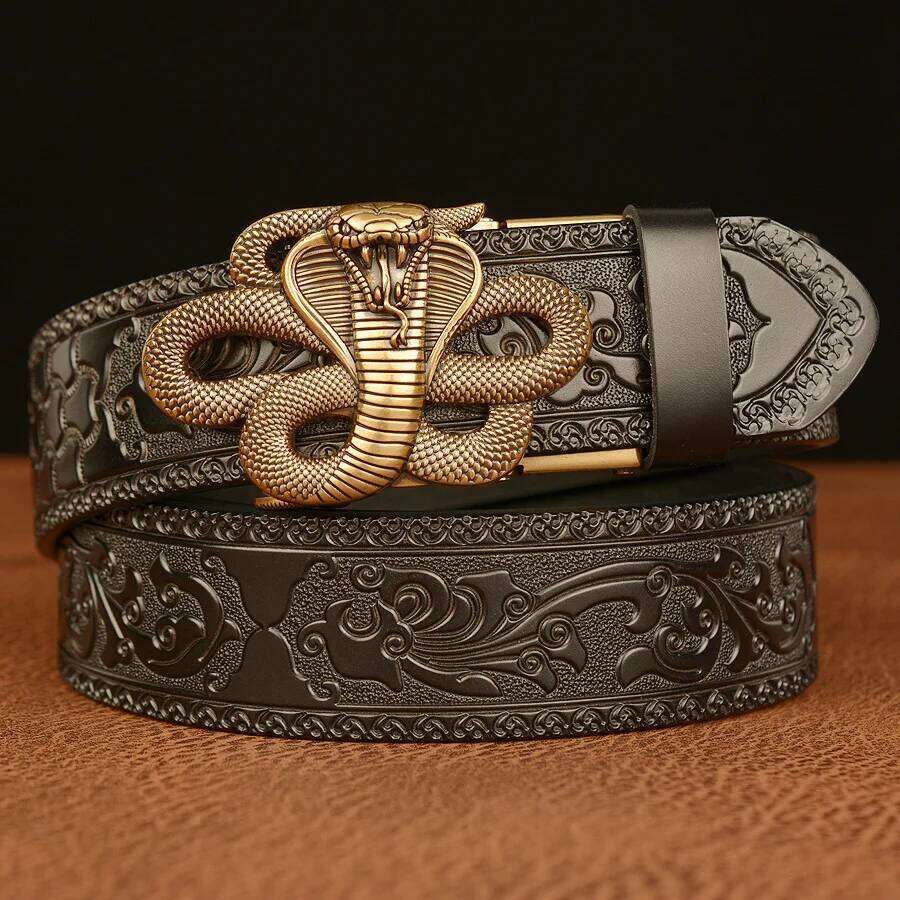 New Genuine Leather Belt Luxury Snake Metal Automatic Buckle Cowhide Belts for Men Jeans Waistband Male Strap Black Z260226