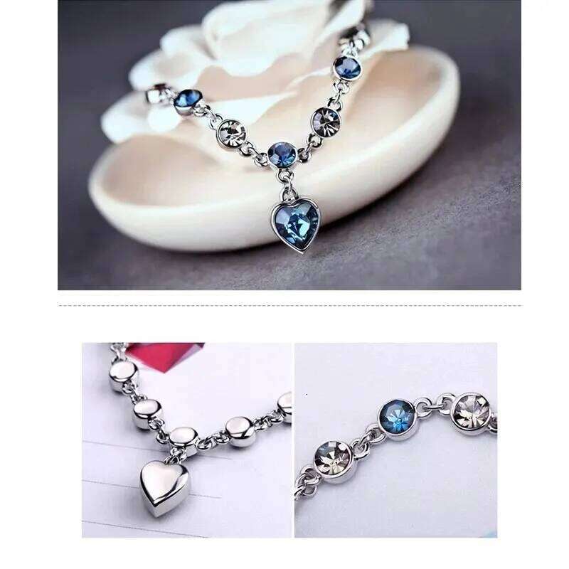 Women Silver Color Lucky Female Blue Crystal Heart Charm Pulseras Bracelet Bridal Wedding Engagement Fine Jewelry Gift Z260313