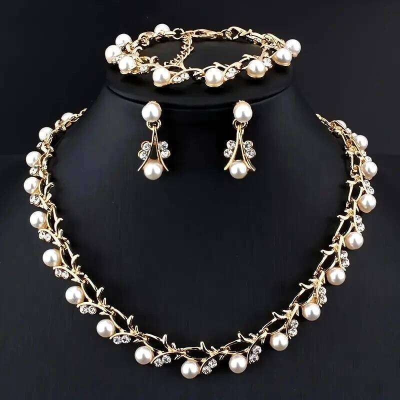 4 Pcs/set Fashion Retro Women's Jewelry Set Rhinestone Artificial Pearl Party Bride Wedding Necklace Bracelet Earrings Z260313