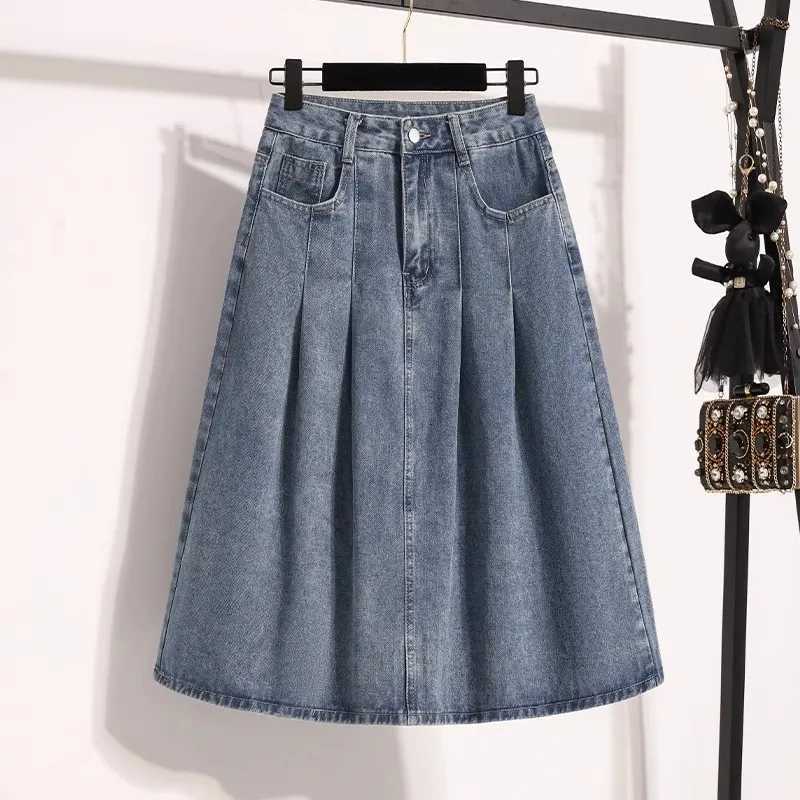 Summer High Waist Women Denim Pleated Skirt Blue Casual A-Line Mid-Length Skirt Versatile Casual Jean Skirts Female M260314