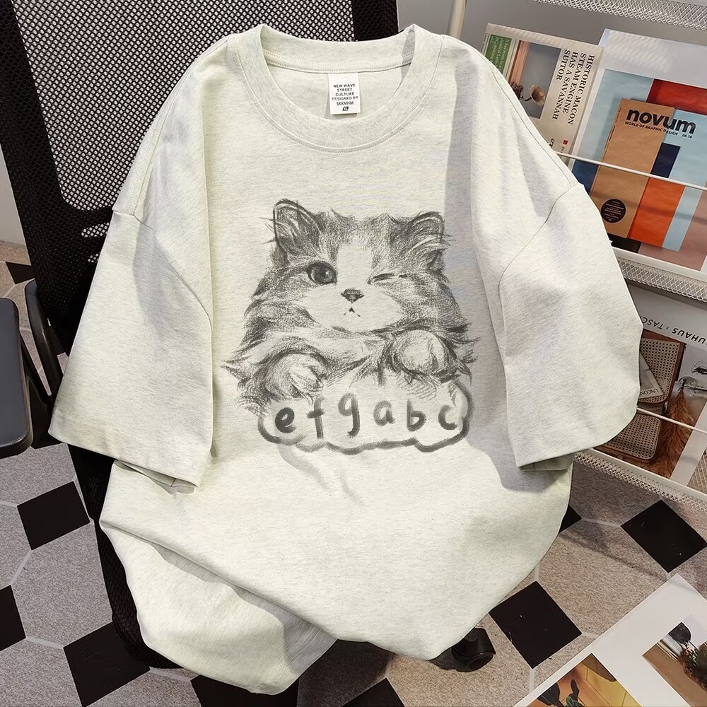 Summer New Heavy Design Sense Couple Pure Cotton Short Sleeve Men's Loose Designer Polo Hoodie Designer T-shirt Round Neck Cat Print Fivequarter Sleeve
