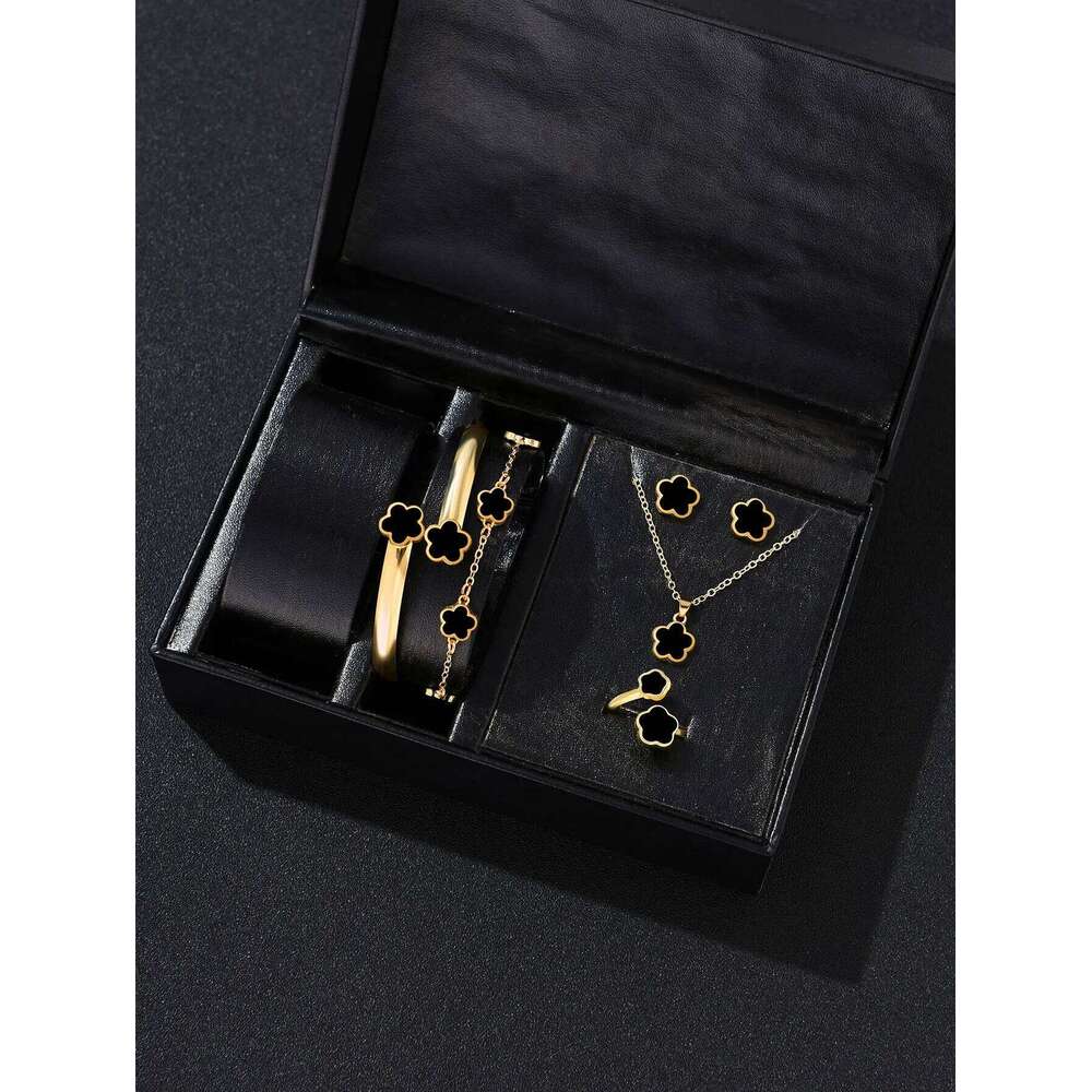 5pcs Lucky Five-petal Women's Jewelry Set, Fashion Flower Necklace Earrings Bracelet + Ring, Birthday, Ann Z260313