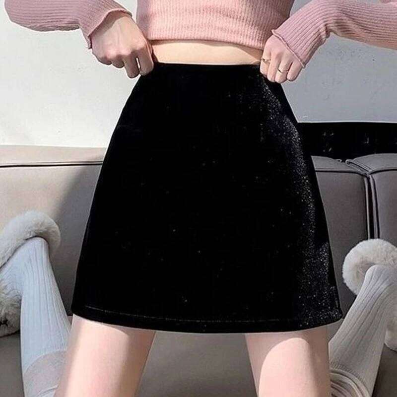 Casual A Line Velvet Mini Skirts Women 2025 Korean Fashion Y2k Clothes Slim Faldas High Waist Harajuku Shorts Black Micro Skirt Z260314