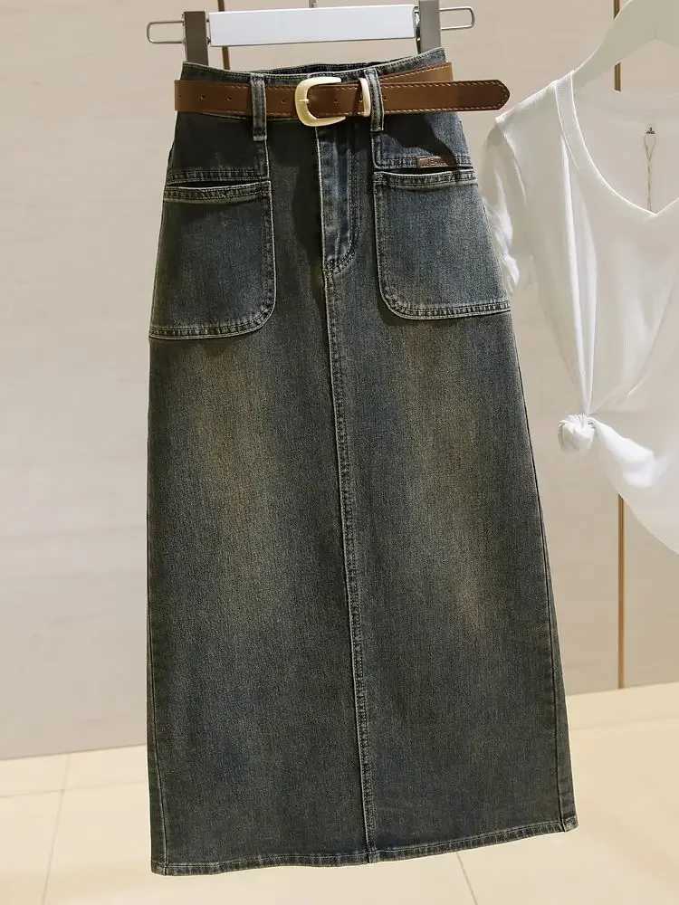 American Retro Distressed Denim Skirt High Waist Slimming Split Design Mid-Length Womens Fashion Ladies Jeans Skirt M260314