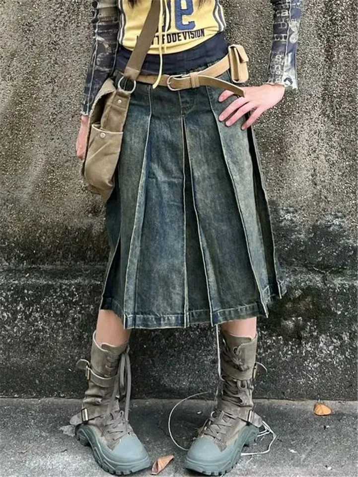 American Style Gothic Denim Skirts Women Streetwear Y2k High Waisted Vintage A- Line Middle Long Dress Trendy Fashionable Skirts M260314