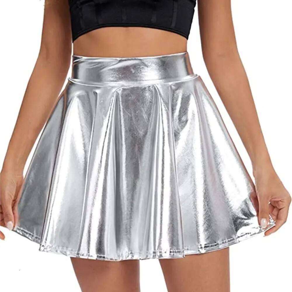 Elegant Metallic Pleated Retro Gold Silver A-line Skirt Solid Color Elastic Shiny Short Dress Festival Outfit Z260314