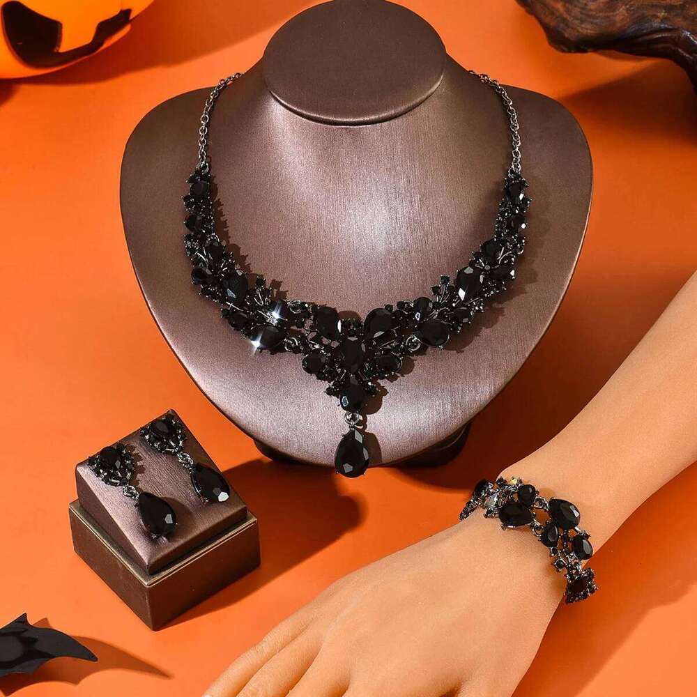Black Obsidian Gemstone Set Women Necklace Bracelet Earrings Fashion Statement Jewelry for Party Evening Z260313