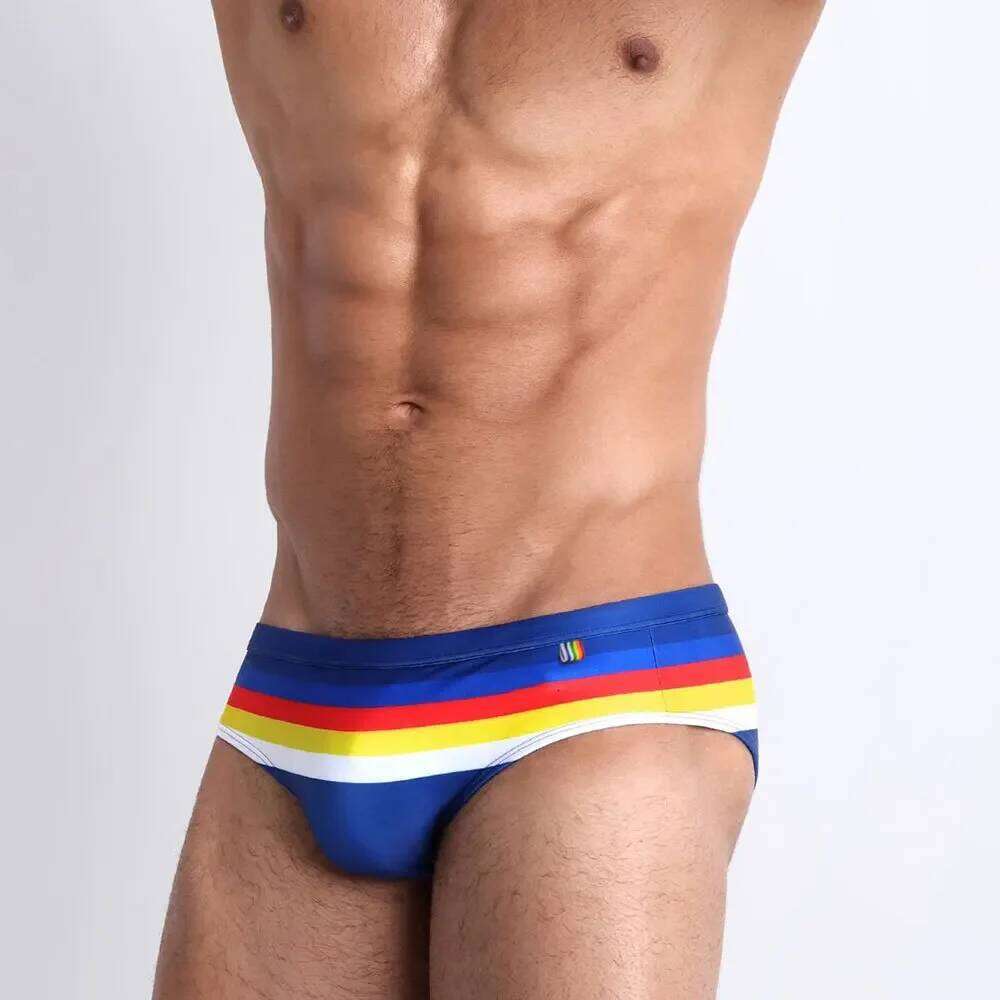 Men's Sexy Low Rise Swim Briefs Bikini Swimsuits Pouch Enhance Swimwear Striped Surf Trunks Beach Shorts Bathing Suit Male Z260314