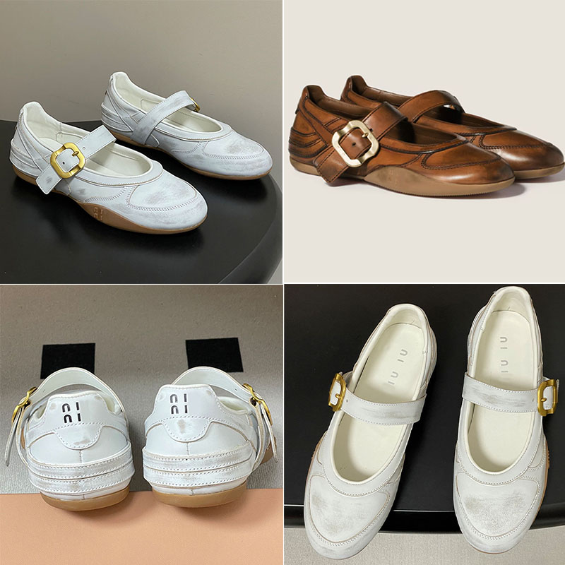 Women Gymnasium Mary Jane Sneakers Gymnasium leather ballerinas with strap buckle retro bleached leather Ballerina Flats Fashion Runway Miss Chic ballet flat 5F68