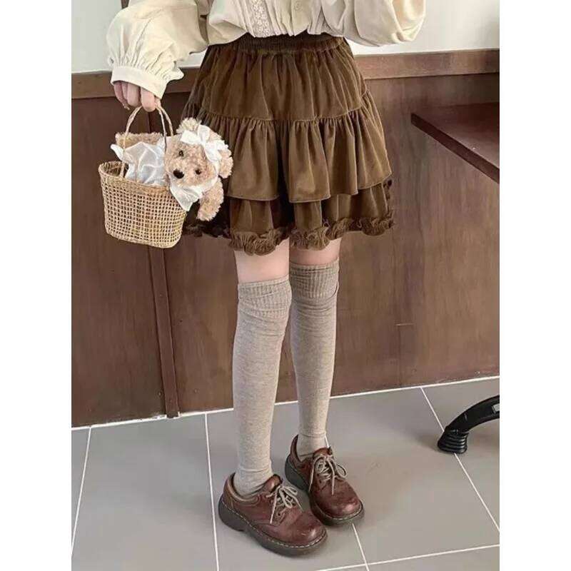 Autumn Winter Cake Brown Ruffle Y2k Fashion Casual Corduroy Mini Short Skirt Women Vintage Lolita Cute Retro Skirts Z260314