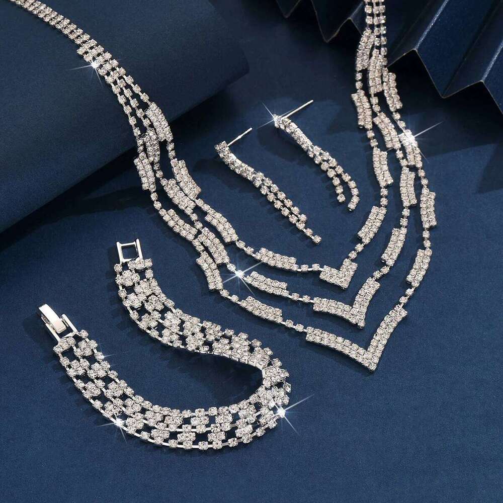 Fashionable rhinestone sparkling necklace, earrings, bracelet light luxury style, high-end jewelry set, women's Z260313