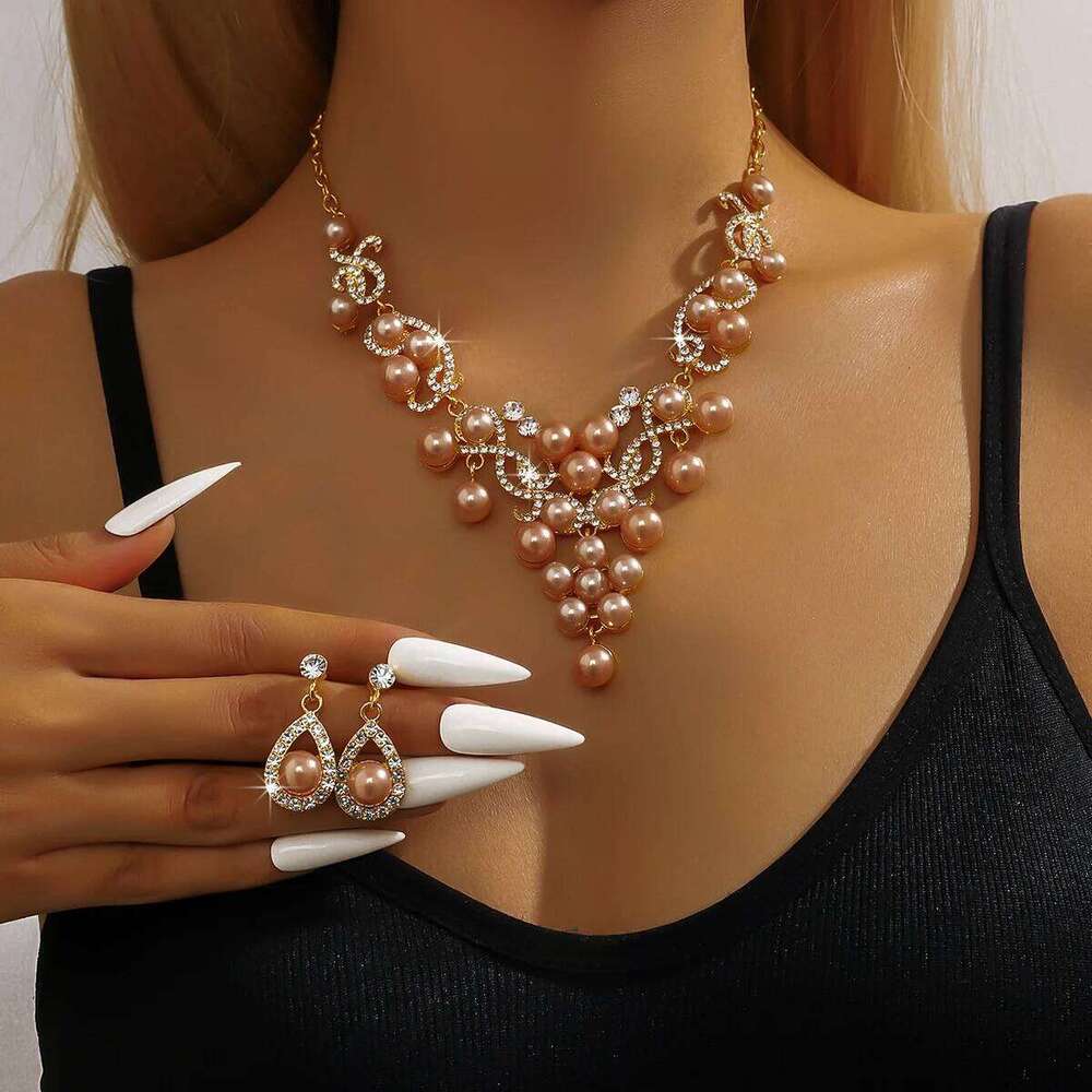 3pcs women's jewelry set, alloy water droplet shaped flower pearl necklace earrings, bride's wedding accessories Z260313