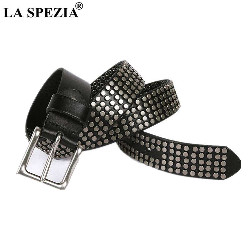 LA SPEZIA Rock Belts Men Women Punk Rivet Genuine Cowskin Leather Buckle Black Cofee White Steampunk Accessories Z260226