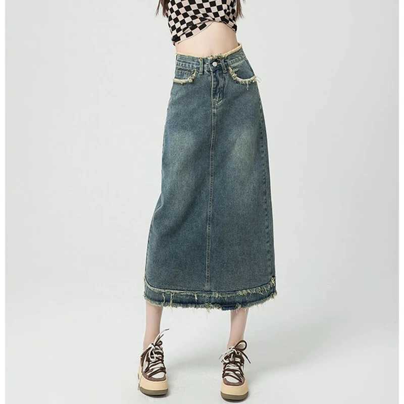 Lady Classic Designer High Waist Jeans Skirts s Korean Slim Fit Mid-Long Dress Women Chic Ripped Thin Denim Skirts M260314