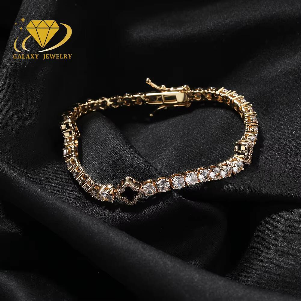 Iced Out Rapper Style Bracelet 925 Sterling Silver Gold Plated VVS Moissanite Clover Tennis Bracelet Necklace 3mm/4mm