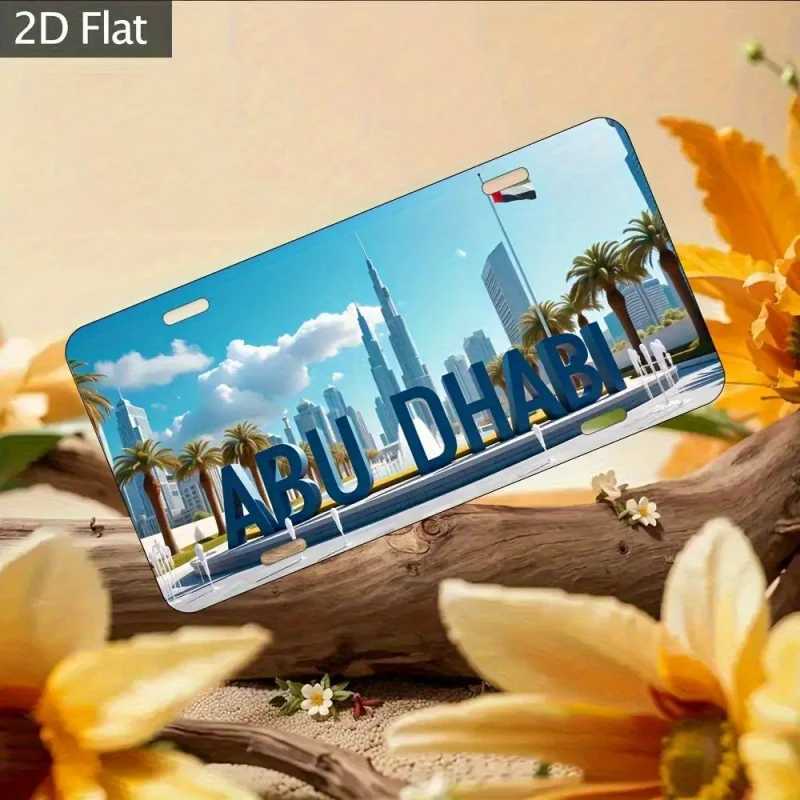 2D Flat 1pc Abu Dhabi Cityscape Aluminum Sign - 6x12 Inch Decorative Metal Car Accessory with Burj Khalifa and Palm Trees D260314