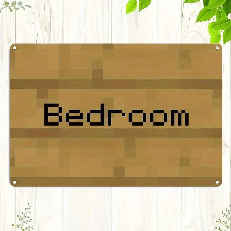 Vintage Pixel Art Bedroom Sign Mini Metal Wall Decor Mosaic Wood Texture Easy to Install for Home Game Room Deco D260314