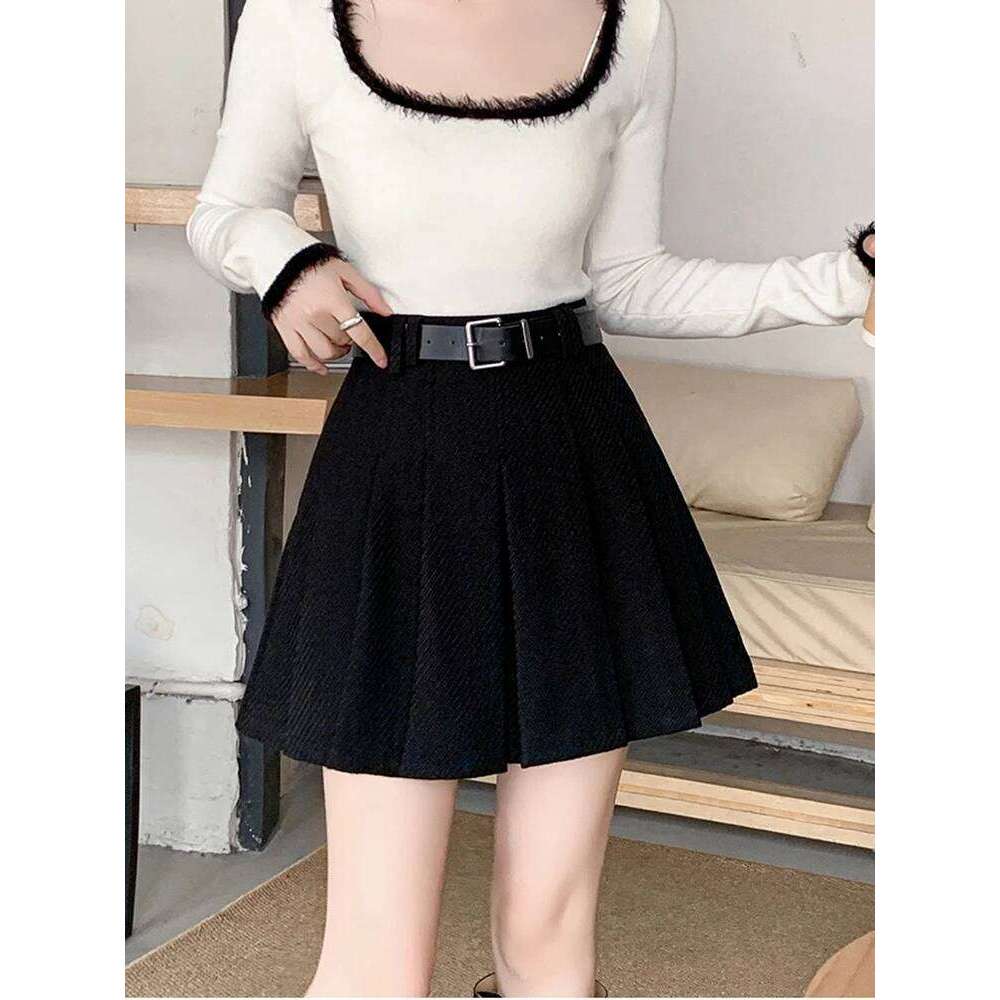 Vintage Winter Pleated Mini Women Streetwear High Waist Woolen Cute Skater Skirts With Shorts Belt Grey Black Skirt Woman Z260314