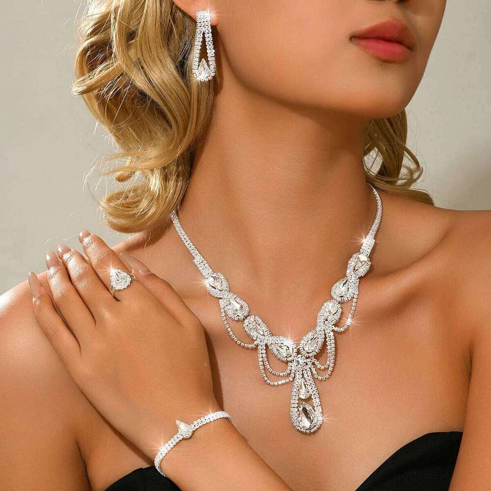 Versatile super sparkling diamond necklace earrings bracelet ring four piece set bride wedding dress banquet accessories Z260313