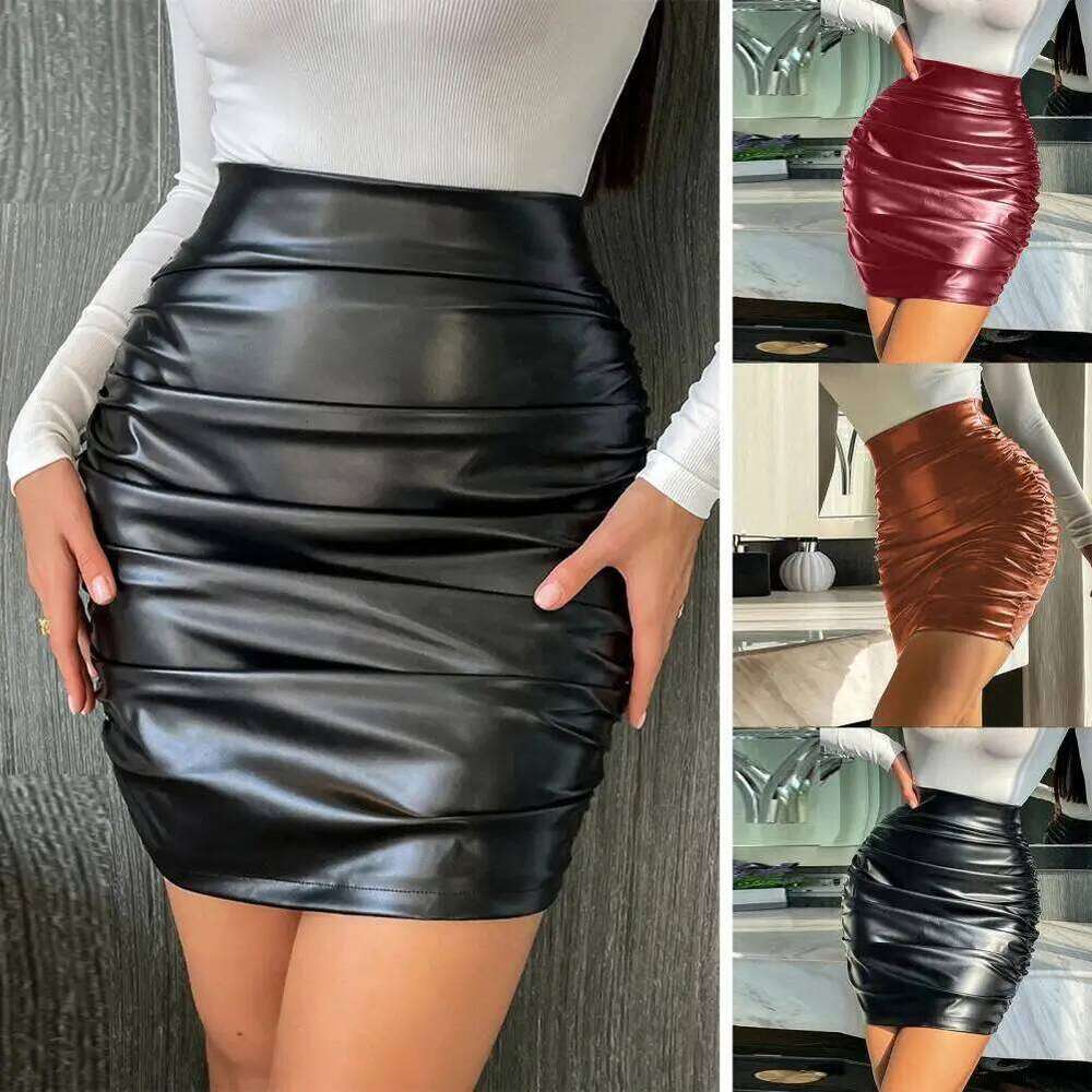 Clubwear Party Mini Skirt High Waist Faux Leather Sheath with Pleated Zipper Smooth Breathable for Women Z260314