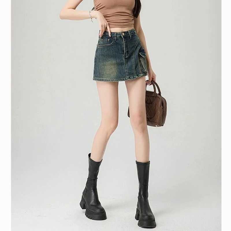 Summer Women Retro Blue High Waist Culottes Lady Thin Wrap Hip A-line Mini Jeans Skirts s Fashion Skinny Denim Dress M260314