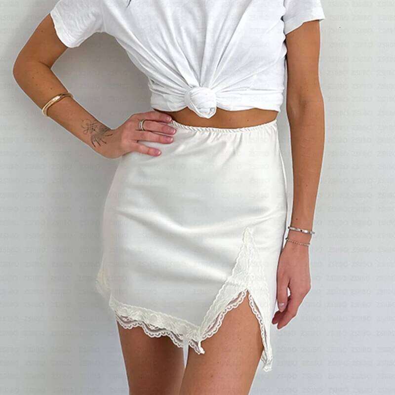 Elegant Satin Embroidery Pencil Summer Sexy High Waist Lace Split Mini Skirts For Women Fashion Slim Skirt Female 2025 Z260314
