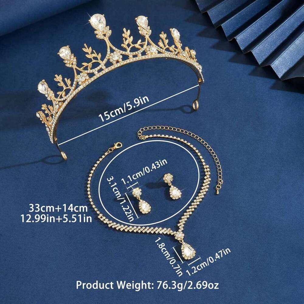 Ladies' Fashion Waterdrop Geometric Flowers Gorgeous and Elegant Crown Necklace Earrings Jewelry Set Z260313