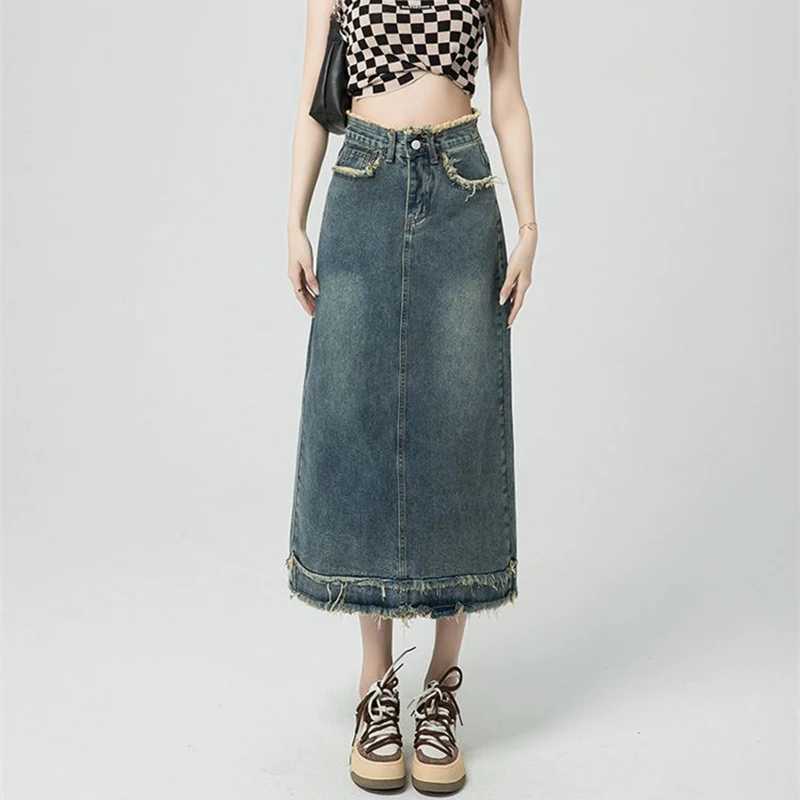 Lady Classic Designer High Waist Jeans Skirts s Korean Slim Fit Mid-Long Dress Women Chic Ripped Thin Denim Skirts M260314