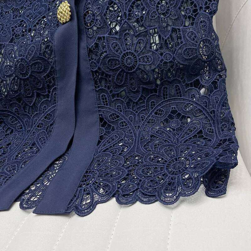 Water Soluble Lace Navy Blue Peter Pan Collar Pocket Buttons Decoration Women Dress High Waist Slim Temperament Pencil Dress Mdng260314 - view 7