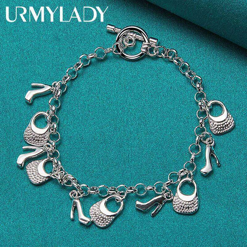 URMYLADY 925 Sterling Silver handbag High Heels Pendant Bracelets For Women Wedding Party Fashion Jewelry Z260313