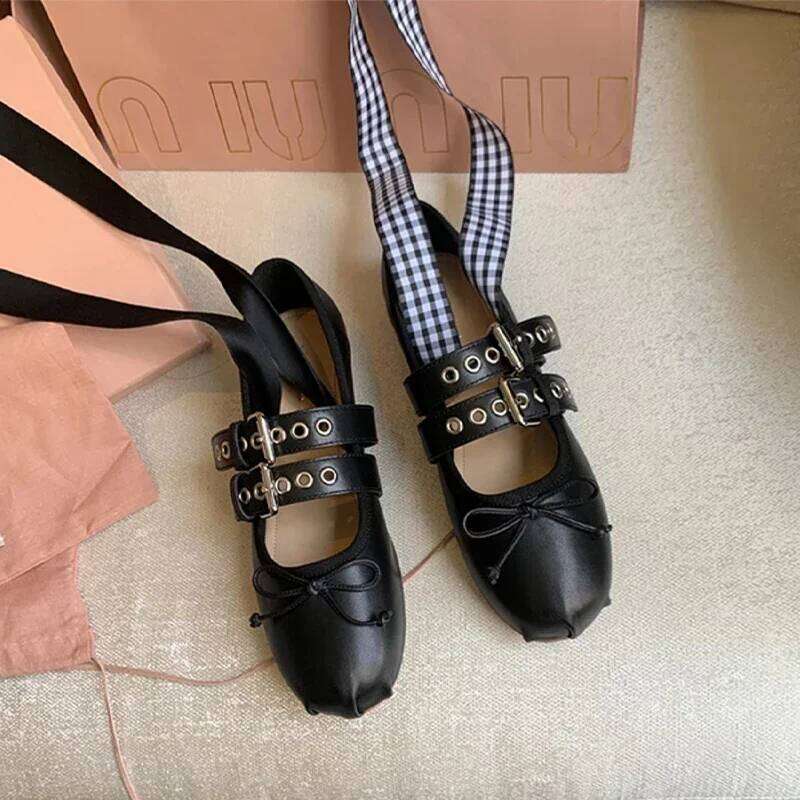 Designer Cross-tied Mary Jane Women Belt Buckle Dress Shoes Leisure Comfort Footwear Bowknot Soft Sole Ballet Flats Female
