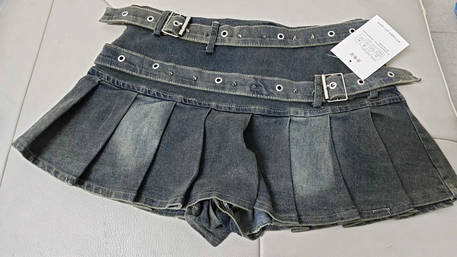 Vintage Denim Skirt Women Sexy Spicy Pleated Mini Skirt Punk BlaCK GoTHic Streetwear Short Jean Skirts AesTHetics M260314