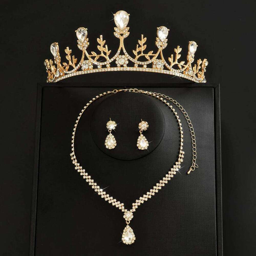 Ladies' Fashion Waterdrop Geometric Flowers Gorgeous and Elegant Crown Necklace Earrings Jewelry Set Z260313