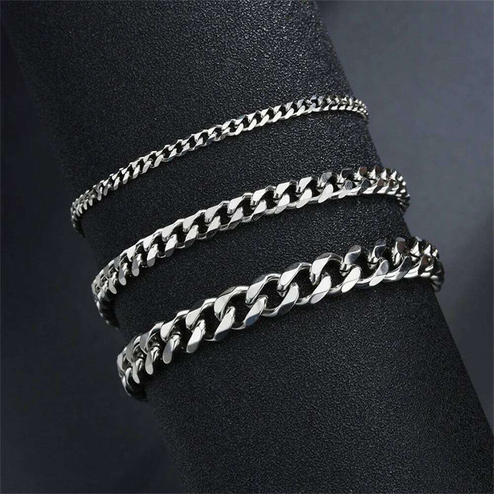 Hip Hop Cuban Chain For Women 3 5 7 mm Simple Stainless Steel Men Bracelet Gold Color Jewelry Z260313