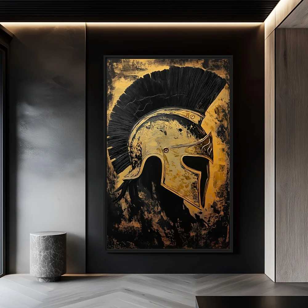 2D Flat 1pc Spartan Helmet Poster - Black and Golden Ancient Greek Battlefield Wall Art - Frameless print with - for Living Roo D260314