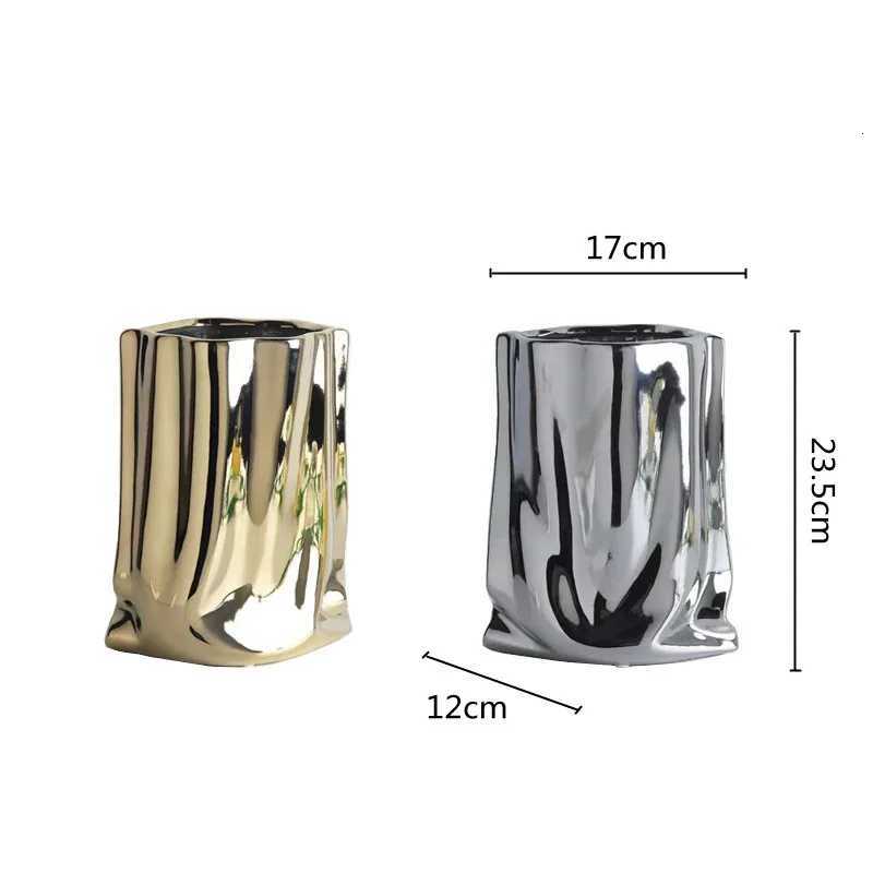 Silver Ruffled Flower Vase Ceramic Porcelain Flower Arrangement Decoration Bag Shape Terrarium Home Decorate Vases Flowerpots Y260314