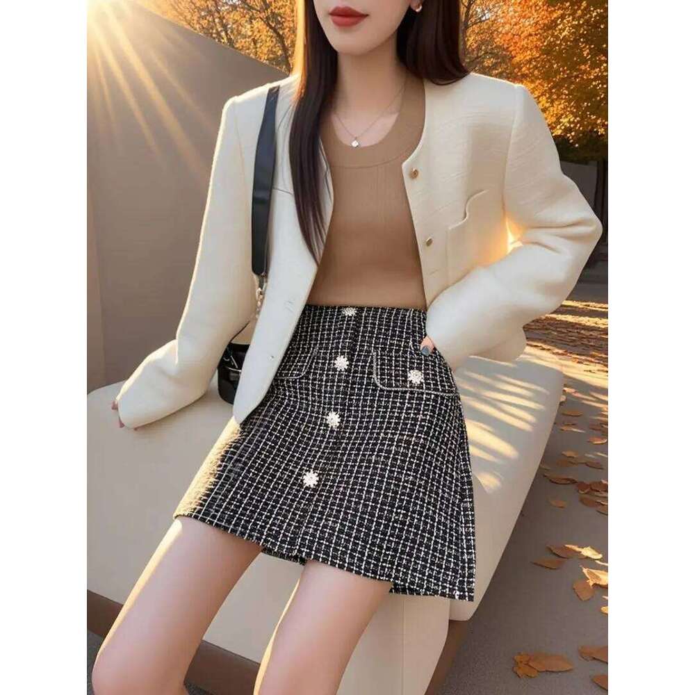 High Waist Thicken Tweed Short Pencil Skirt With Button Autumn Winter Vintage Plaid Slim Bodycon Mini Skirts Lady Z260314
