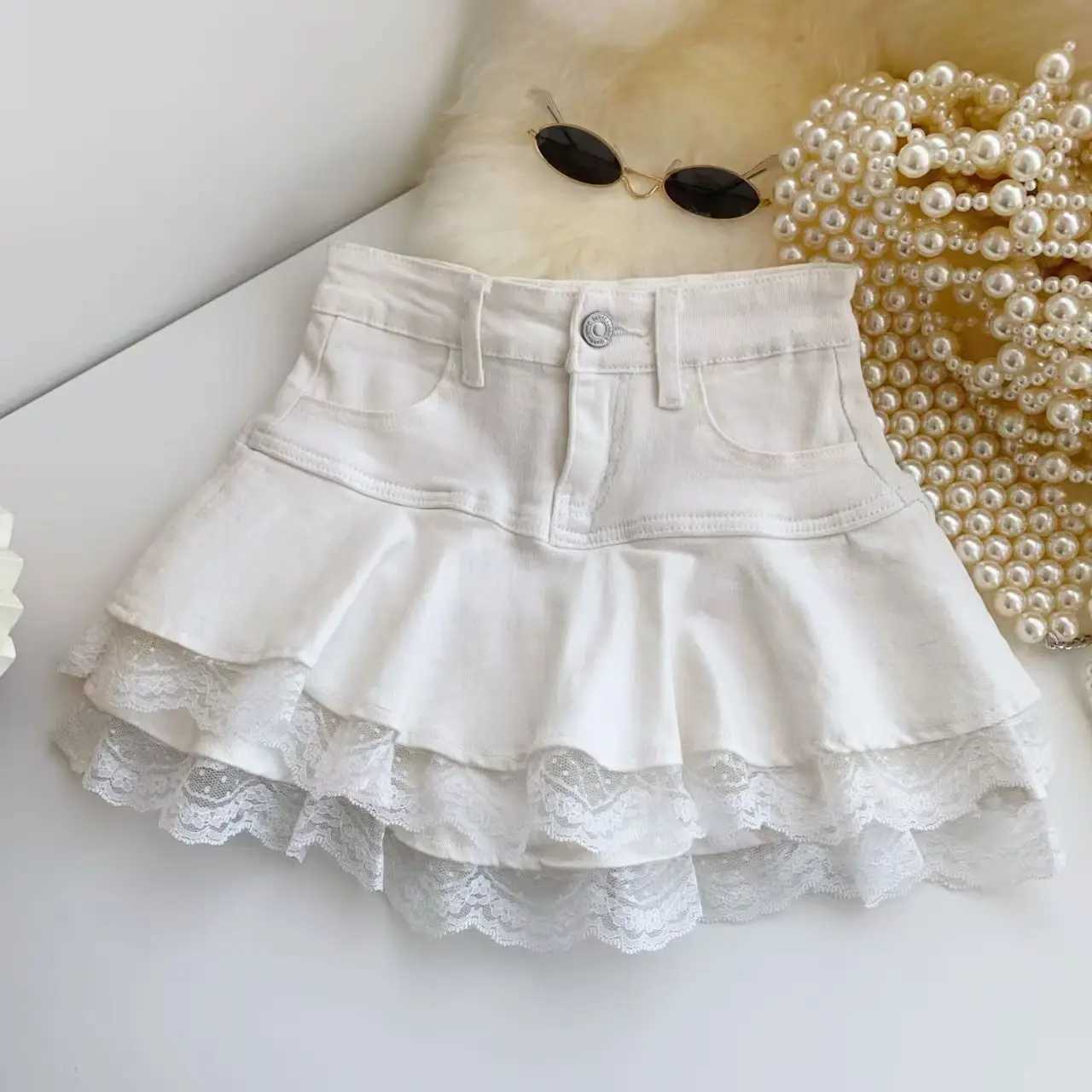 Women Fashion Streetwear Ruffles Kawaii Lace Skirts Shorts Preppy School Pleated Jeans Skirt 2025 Summer Mini Y2K Denim Skirt M260314