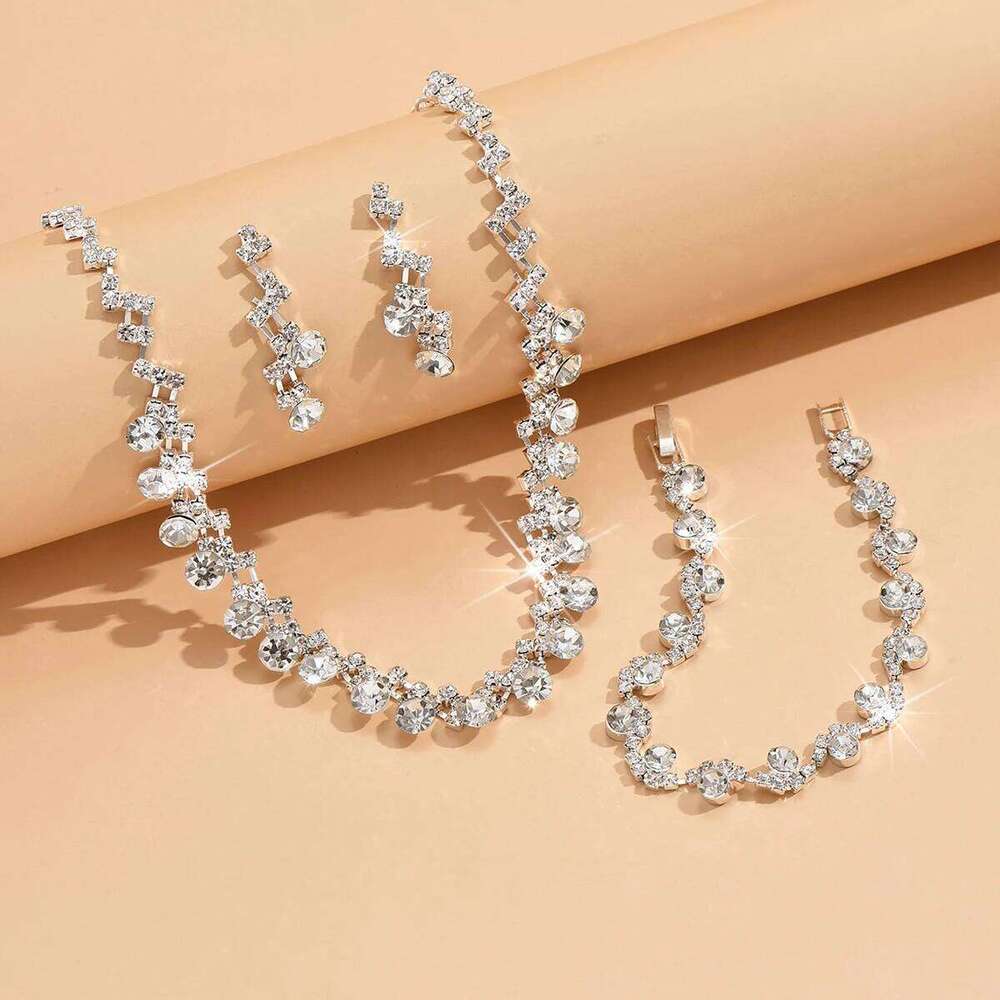 4/3PC women's fashionable rhinestone geometric circular necklace, earrings, bracelet set, simple and high-end jewelry se Z260313