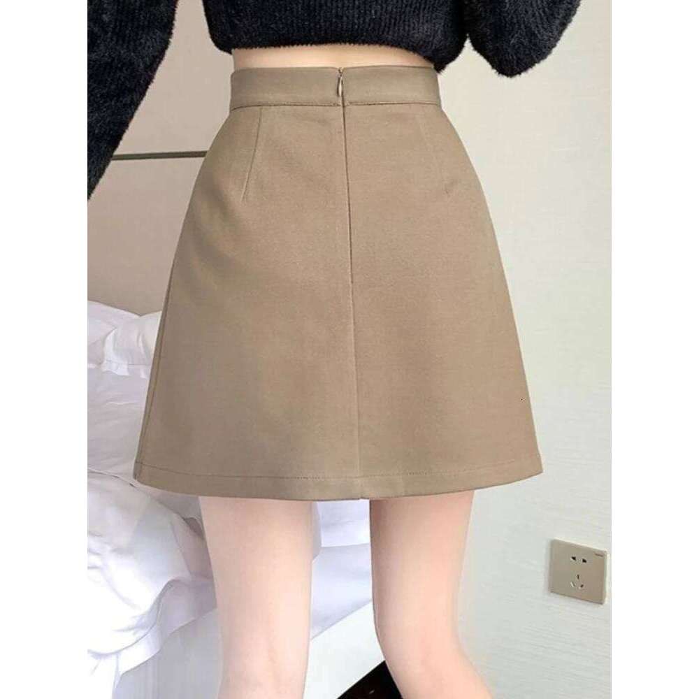 Autumn Winter Womens Woolen Skirt 2025 New Korean High Waist Bodycon Mini Skirts Ladies College Style Zipper A-Line Faldas Z260314