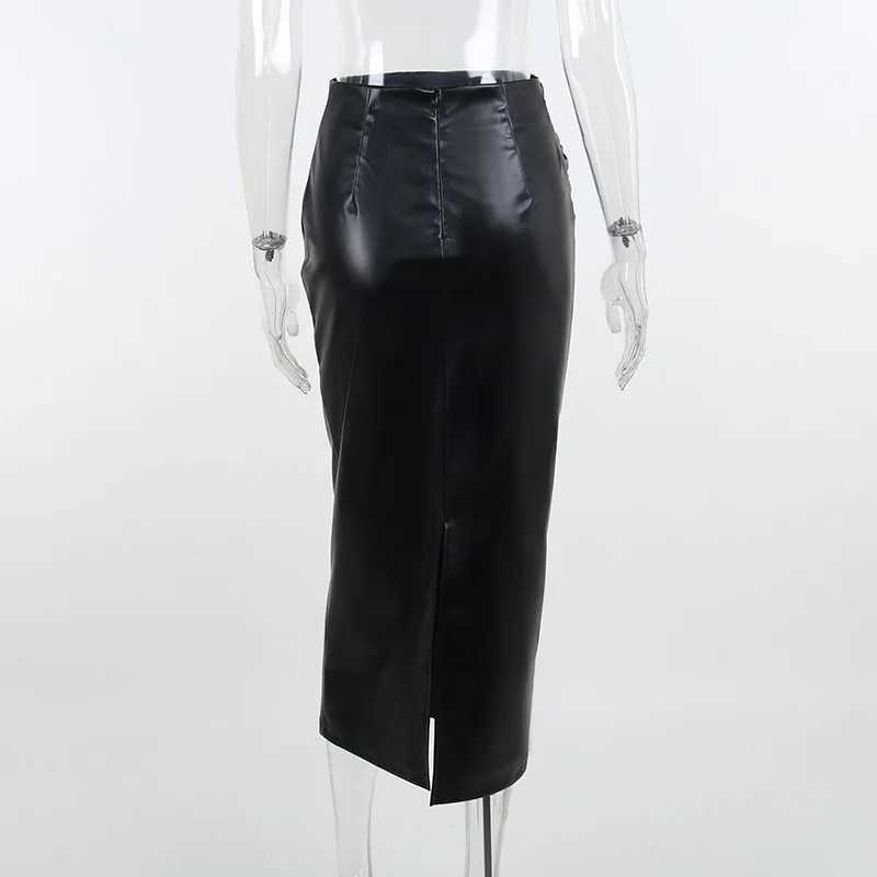 Women Autumn Sexy High Waist Bodycon Skirt Fashion Adults Slim-fit Solid Color Slit Leather Long Skirt Black/White M260314