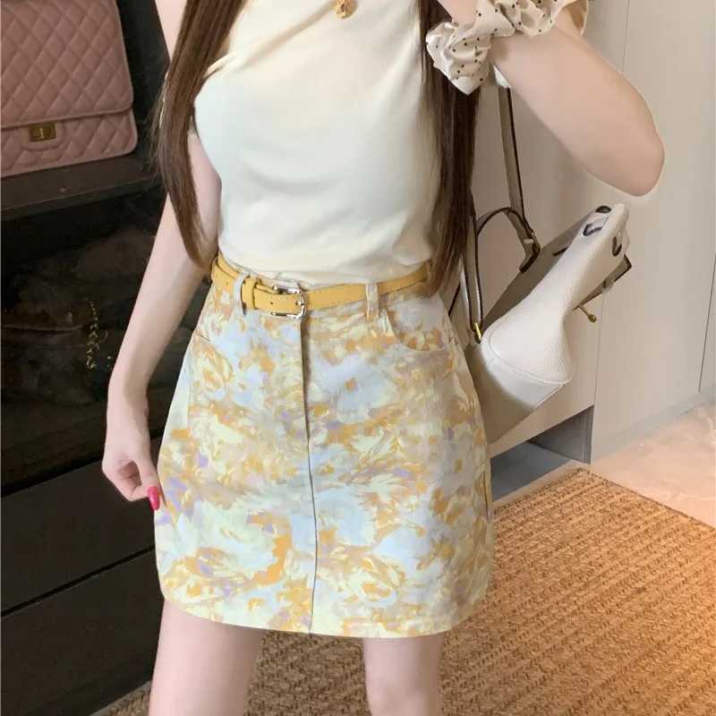 High Waist Tie Dye Denim Skirt with Belt Floral Print Vintage Aosphere Womens Faion Summer New Arrival A-Line Skirt M260314