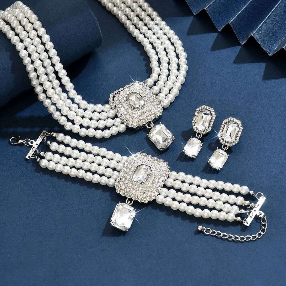 Pearl Emerald Set Multi-Strand Necklace Bracelet Earrings for Women Party Evening Statement Jewelry Z260313